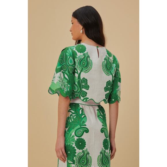 Farm Rio Green Color Festival Euroflax Linen Blouse Crop Top Size S - Picture 4 of 13